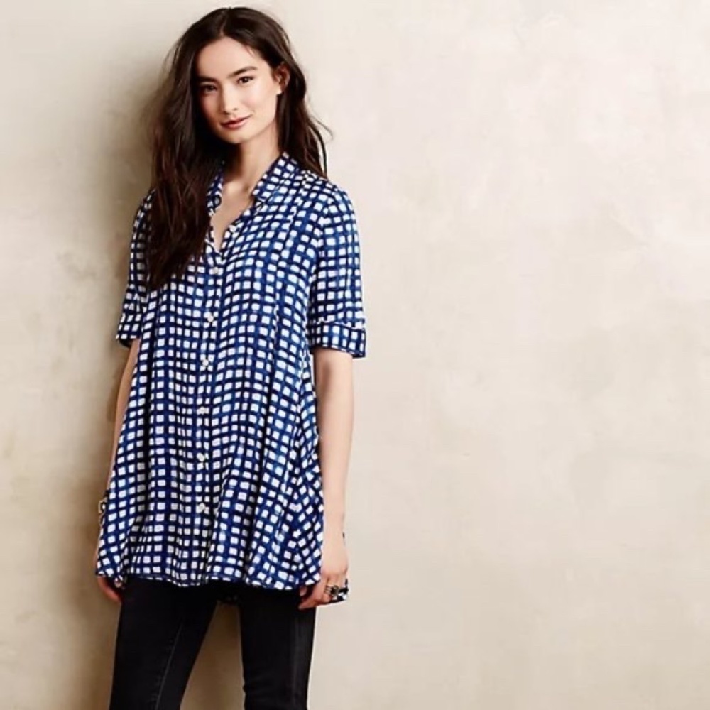Anthropologie 11.1 TYLHO Adanne Tunic Top Shirt Blue White Gingham Plaid X-Small